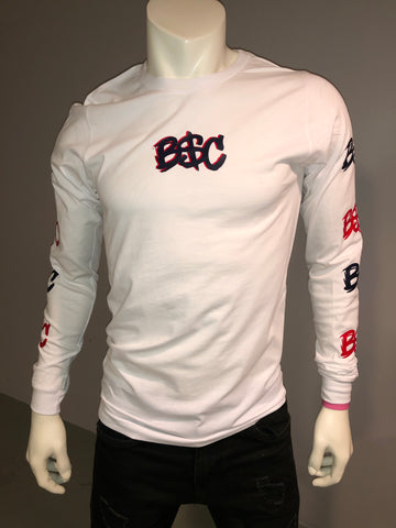 “B$C” Long Sleeve Logo Tee (White/Navy Blue/Red)